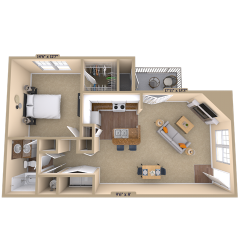 Floor plan for 1 bed, 1 bath, 790 sqft