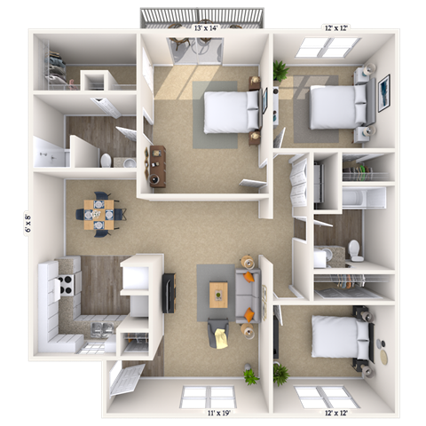Floor plan for 3 beds, 2 baths, 1200 sqft
