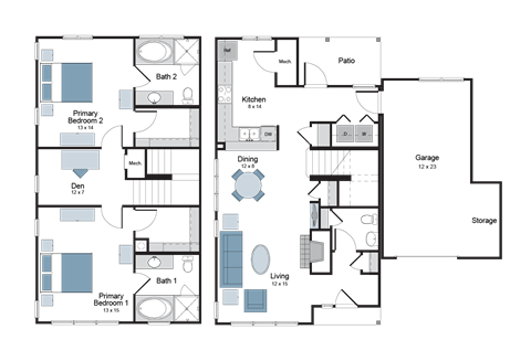 Floor plan for 2 beds, 2.5 baths, 1527 sqft