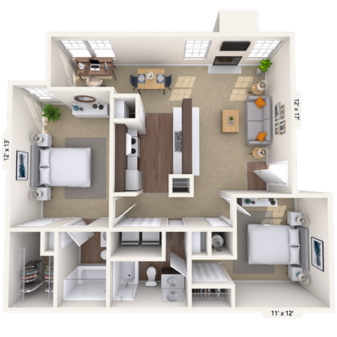 Floor plan for 2 beds, 2 baths, 1000 sqft