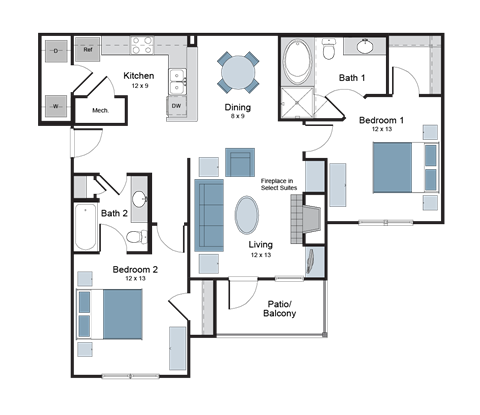Floor plan for 2 beds, 2 baths, 1058 sqft