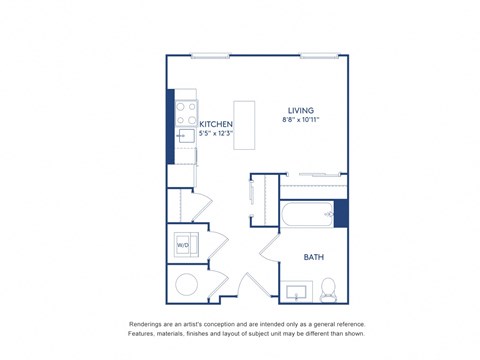 Floor plan for studio, 1 bath, 433 sqft