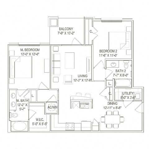 Floor plan for 2 beds, 2 baths, 1098 sqft
