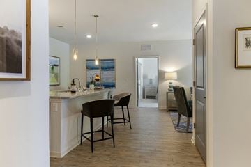 Asheville apartment for rent - a kitchen and living room with a bar and chairs