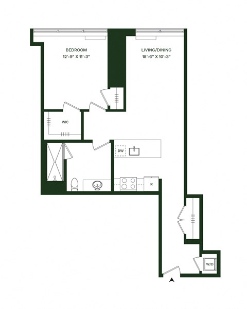 Floor plan for 1 bed, 1 bath, 897 sqft