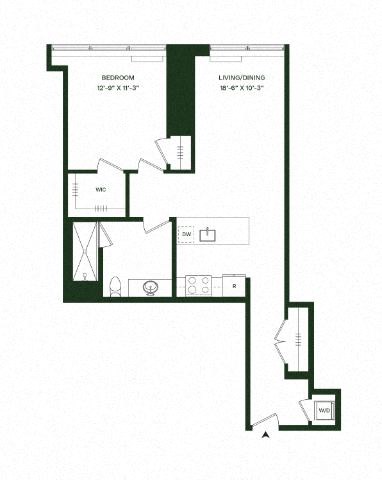 Floor plan for 1 bed, 1 bath, 897 sqft