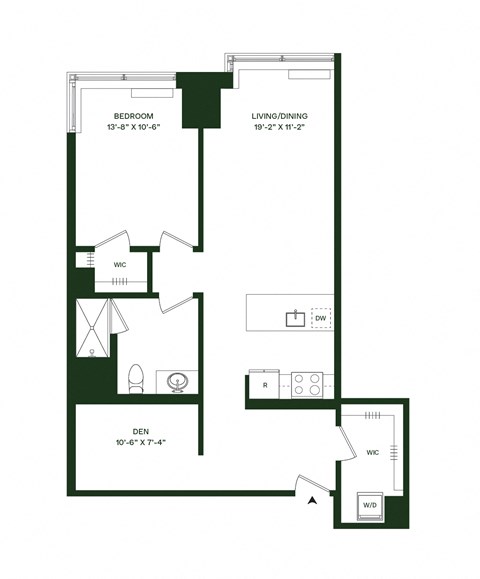 Floor plan for 1 bed, 1 bath, 954 sqft
