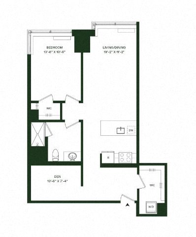 Floor plan for 1 bed, 1 bath, 954 sqft
