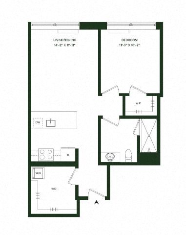 Floor plan for 1 bed, 1 bath, 690 sqft