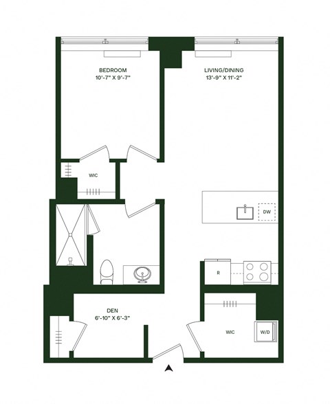 Floor plan for 1 bed, 1 bath, 890 sqft