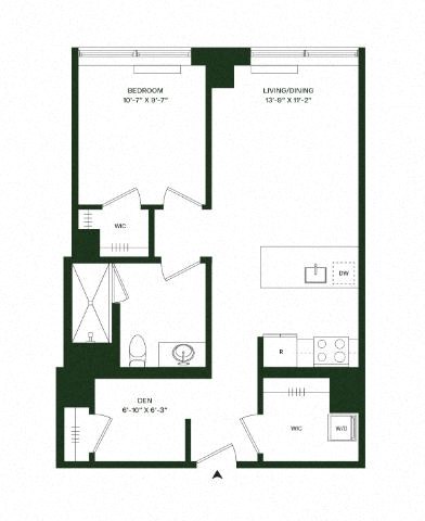 Floor plan for 1 bed, 1 bath, 890 sqft