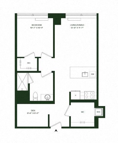 Floor plan for 1 bed, 1 bath, 920 sqft