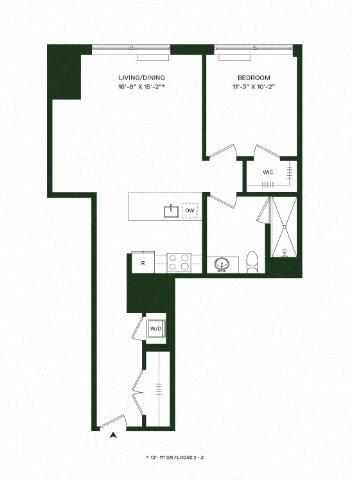Floor plan for 1 bed, 1 bath, 855 sqft