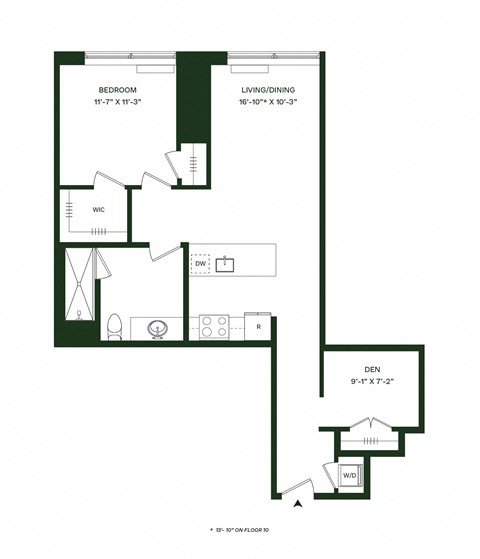 Floor plan for 1 bed, 1 bath, 831 sqft