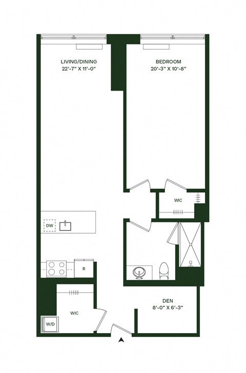 Floor plan for 1 bed, 1 bath, 895 sqft