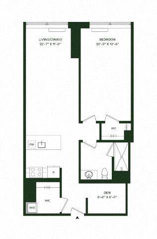 Floor plan for 1 bed, 1 bath, 895 sqft