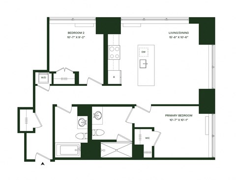Floor plan for 2 beds, 2 baths, 957 sqft