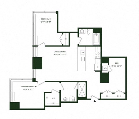 Floor plan for 2 beds, 2 baths, 1227 sqft