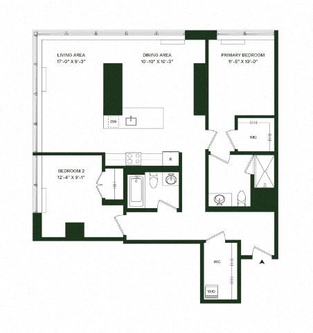 Floor plan for 2 beds, 2 baths, 957 sqft