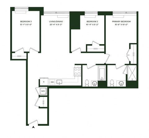 Floor plan for 3 beds, 2 baths, 1101 sqft