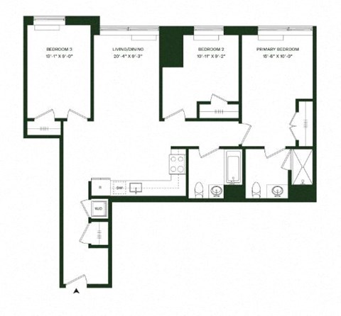 Floor plan for 3 beds, 2 baths, 1101 sqft