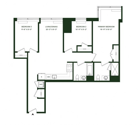 Floor plan for 3 beds, 2 baths, 1127 sqft