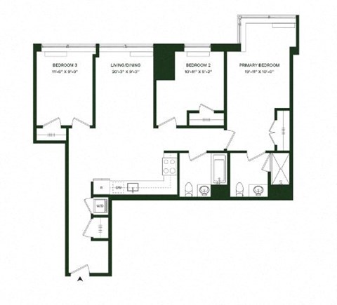 Floor plan for 3 beds, 2 baths, 1127 sqft