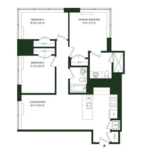 Floor plan for 3 beds, 2 baths, 1153 sqft