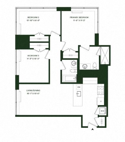 Floor plan for 3 beds, 2 baths, 1153 sqft