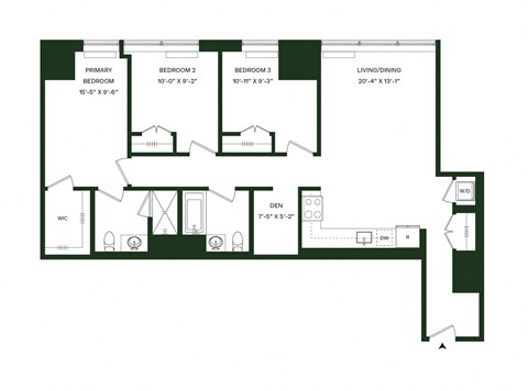 Floor plan for 3 beds, 2 baths, 1374 sqft