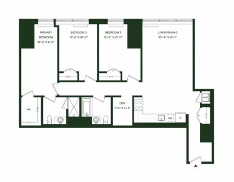 Floor plan for 3 beds, 2 baths, 1374 sqft