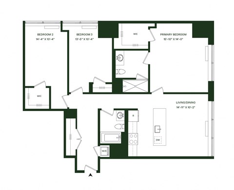 Floor plan for 3 beds, 2 baths, 1411 sqft