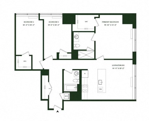 Floor plan for 3 beds, 2 baths, 1411 sqft