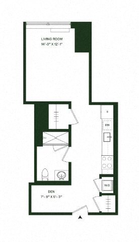 Floor plan for studio, 1 bath, 528 sqft