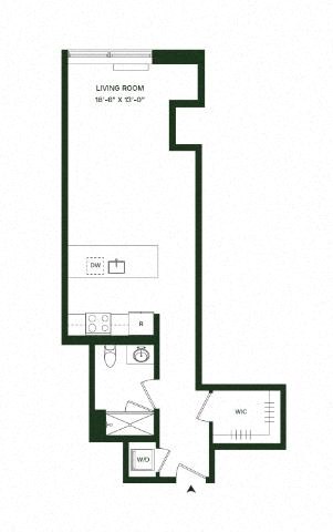 Floor plan for studio, 1 bath, 621 sqft