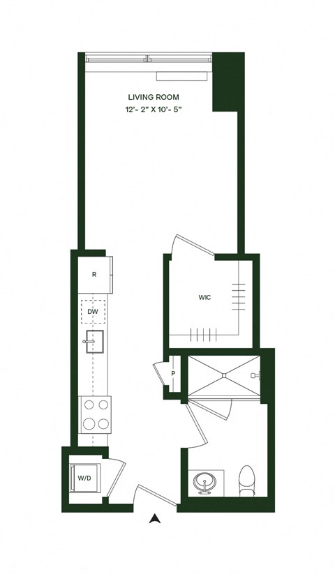 Floor plan for studio, 1 bath, 387 sqft