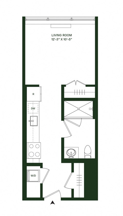 Floor plan for studio, 1 bath, 496 sqft