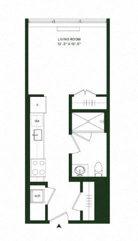 Floor plan for studio, 1 bath, 496 sqft