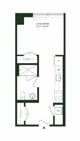 Floor plan for studio, 1 bath, 544 sqft