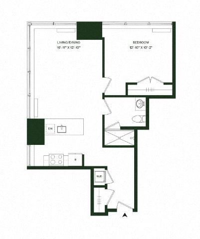 Floor plan for 1 bed, 1 bath, 763 sqft