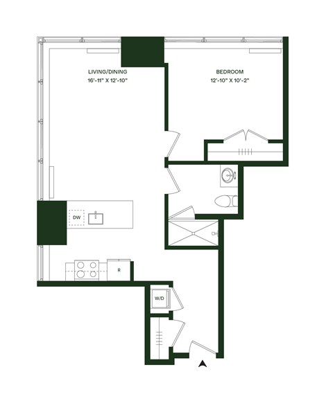 Floor plan for 1 bed, 1 bath, 1117 sqft