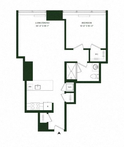 Floor plan for 1 bed, 1 bath, 763 sqft