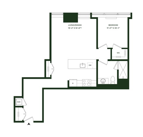 Floor plan for 1 bed, 1 bath, 925 sqft