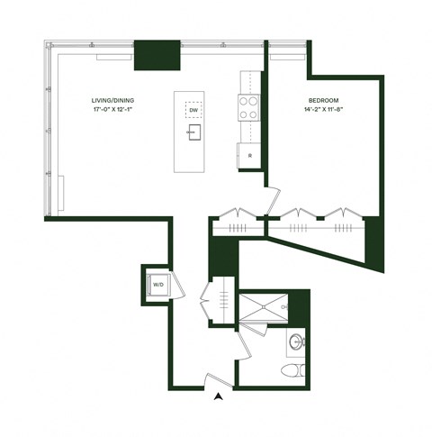 Floor plan for 1 bed, 1 bath, 1117 sqft