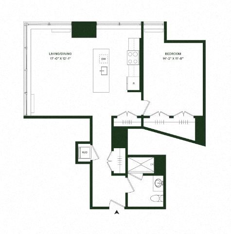 Floor plan for 1 bed, 1 bath, 1117 sqft
