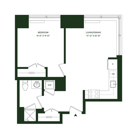 Floor plan for 1 bed, 1 bath, 617 sqft