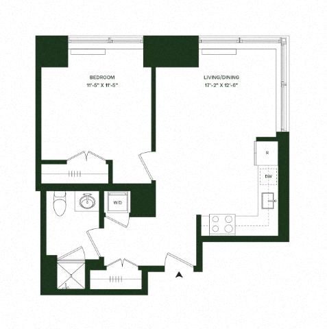 Floor plan for 1 bed, 1 bath, 617 sqft
