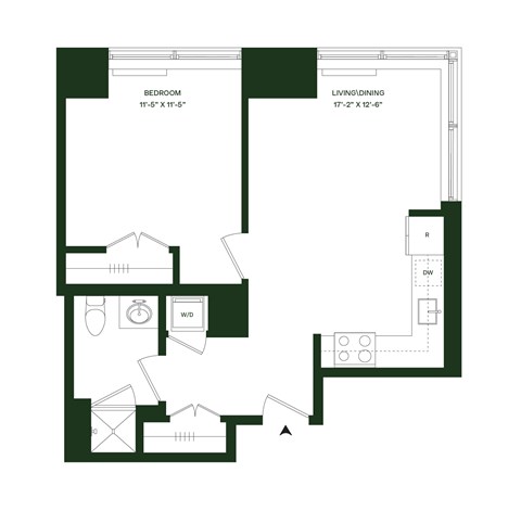 Floor plan for 1 bed, 1 bath, 617 sqft