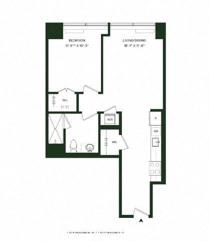 Floor plan for 1 bed, 1 bath, 687 sqft