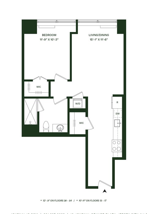 Floor plan for 1 bed, 1 bath, 687 sqft